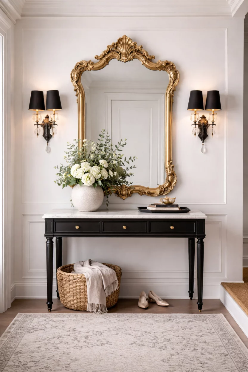 A realistic photo of an entryway featuring an ornate gold framed glamorous mirror with curved edges flanked by two black wall sconces.