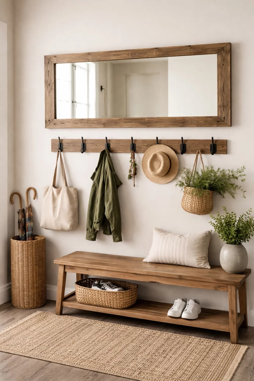 A realistic photo of an entryway with a large reclaimed wood framed rustic mirror hanging horizontally above a row of black metal wall hooks.
