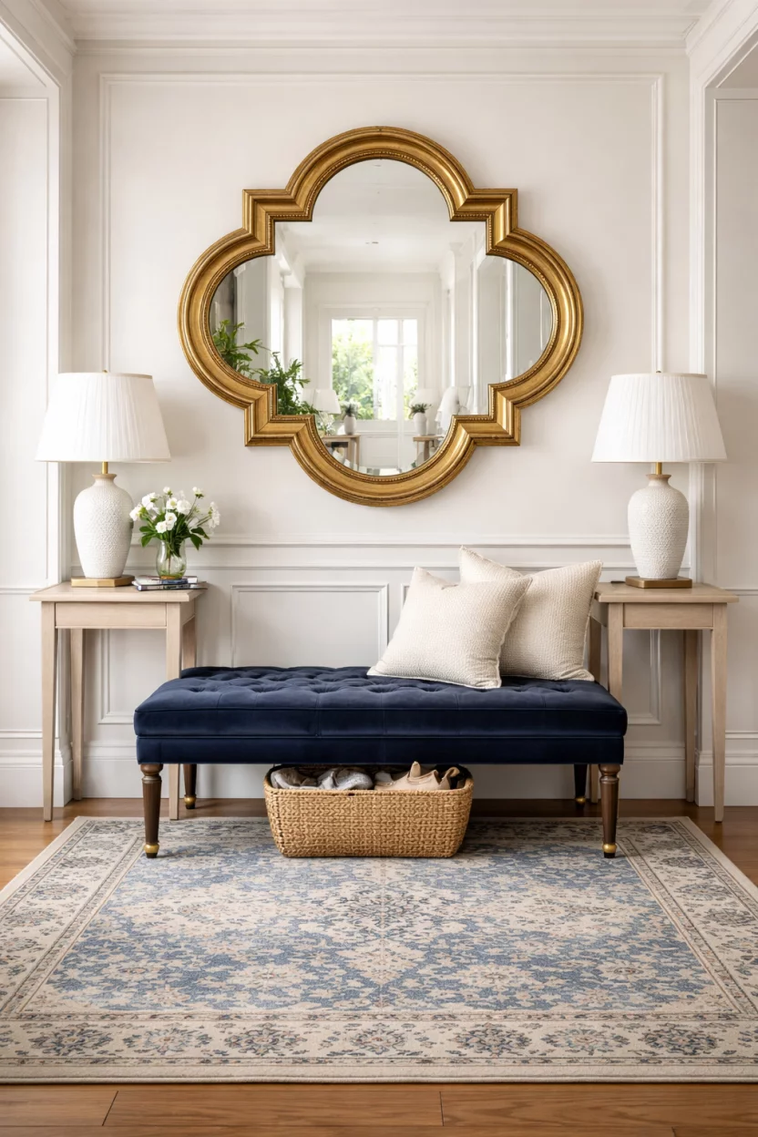 A realistic photo of an entryway with an ornate gold quatrefoil patterned mirror centered above a dark blue velvet bench on a patterned rug.