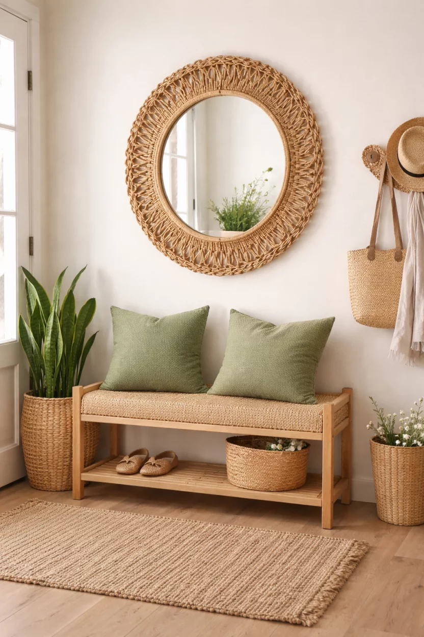 A realistic photo of an entryway with a brown boho woven frame mirror above a woven wicker bench with two green pillows.