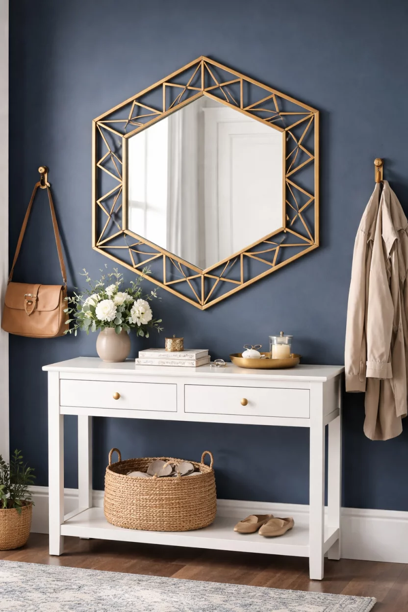 A realistic photo of an entryway featuring a brass geometric patterned mirror in a hexagon shape mounted on a navy blue wall above a white table.
