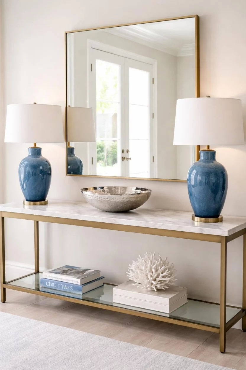A realistic photo of an entryway featuring two identical blue ceramic lamps with white drum shades placed at opposite ends of a long white marble top console table, with a silver bowl in the center.