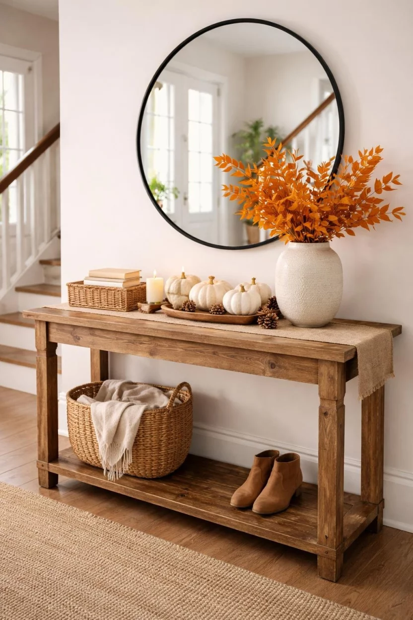 A realistic photo of an entryway with a rustic wood table decorated with small white pumpkins and a vase of orange dried leaves, with a burlap runner on top.