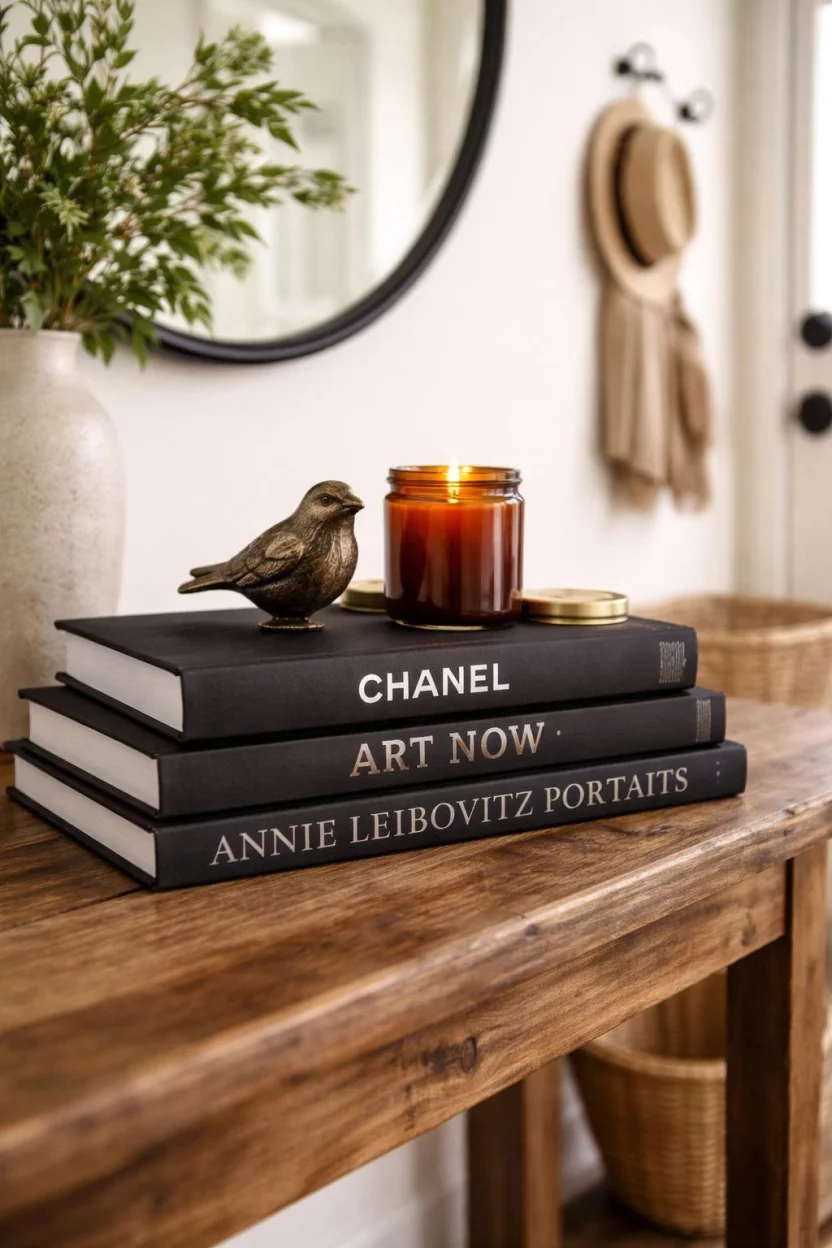 A realistic photo of an entryway displaying a stack of three thick black hardcover art books on a rustic wood table, topped with a small bronze bird figurine and a scented candle in a brown glass jar.