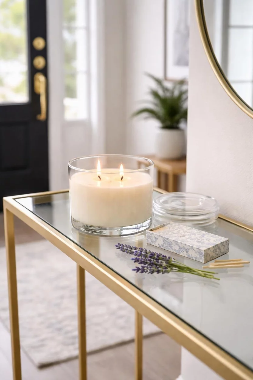 A realistic photo of an entryway showing a gold metal table with a large white scented candle in a transparent glass jar, a decorative box of matches, and a small sprig of lavender.