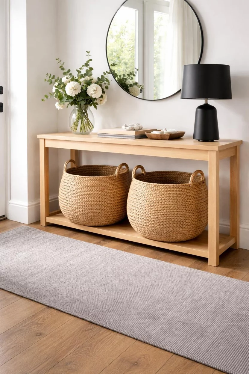 A realistic photo of an entryway showing two large seagrass woven baskets tucked neatly under a light pine wood table, with a soft grey wool runner rug on the floor and a matte black lamp on the table top.