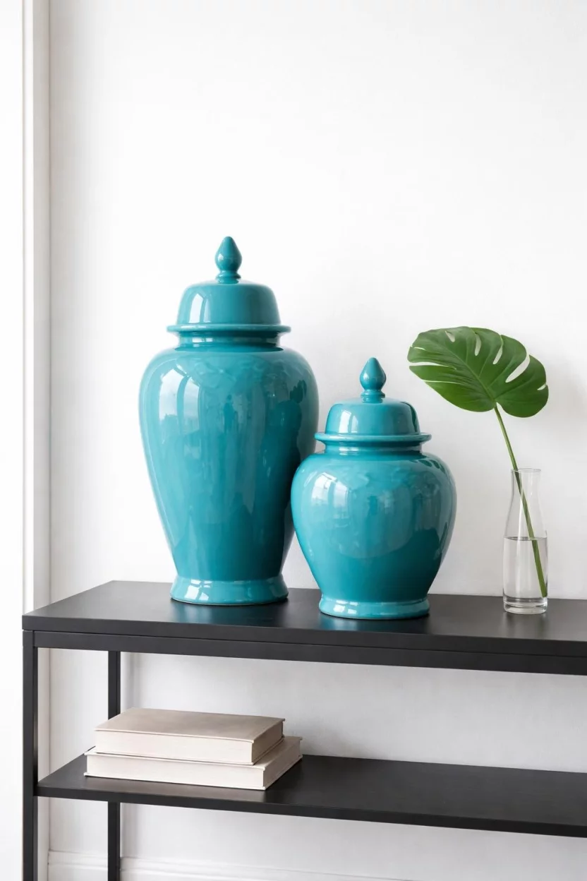 A realistic photo of an entryway featuring two vibrant turquoise ceramic ginger jars of different heights on a sleek black table, with a white wall background and a single green leaf in a bud vase.