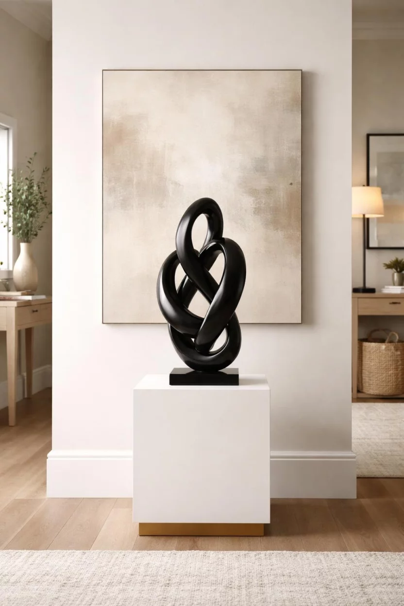 A realistic photo of an entryway with a modern black resin abstract sculpture on a white pedestal table, with a large neutral colored canvas art piece in the background.