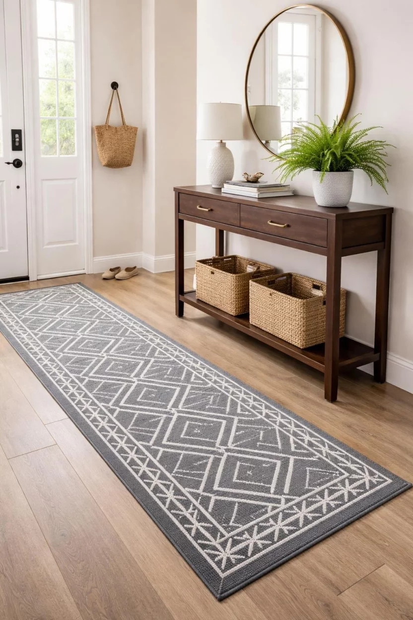 A realistic photo of an entryway showing a grey and white geometric runner rug placed underneath a dark wood console table, with a green potted fern on top.