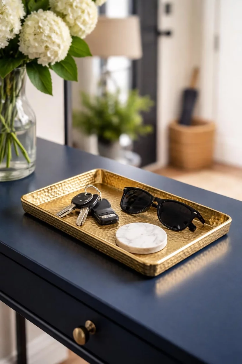 A realistic photo of an entryway showing a rectangular hammered gold tray on a navy blue console table, holding a set of silver keys, a pair of black sunglasses, and a small marble coaster.
