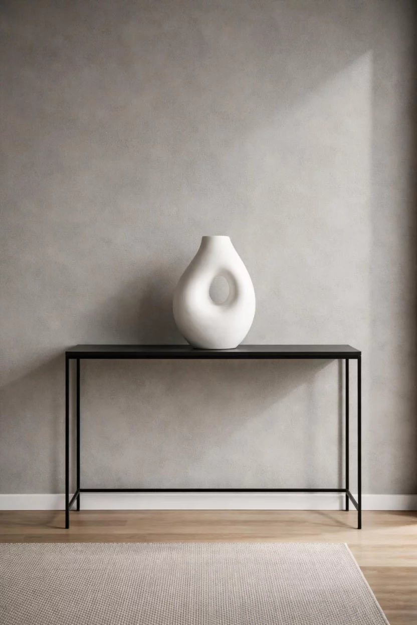 A realistic photo of an entryway with a minimalist thin black metal table holding only a large white sculptural ceramic vase, set against a concrete gray wall with soft shadows.