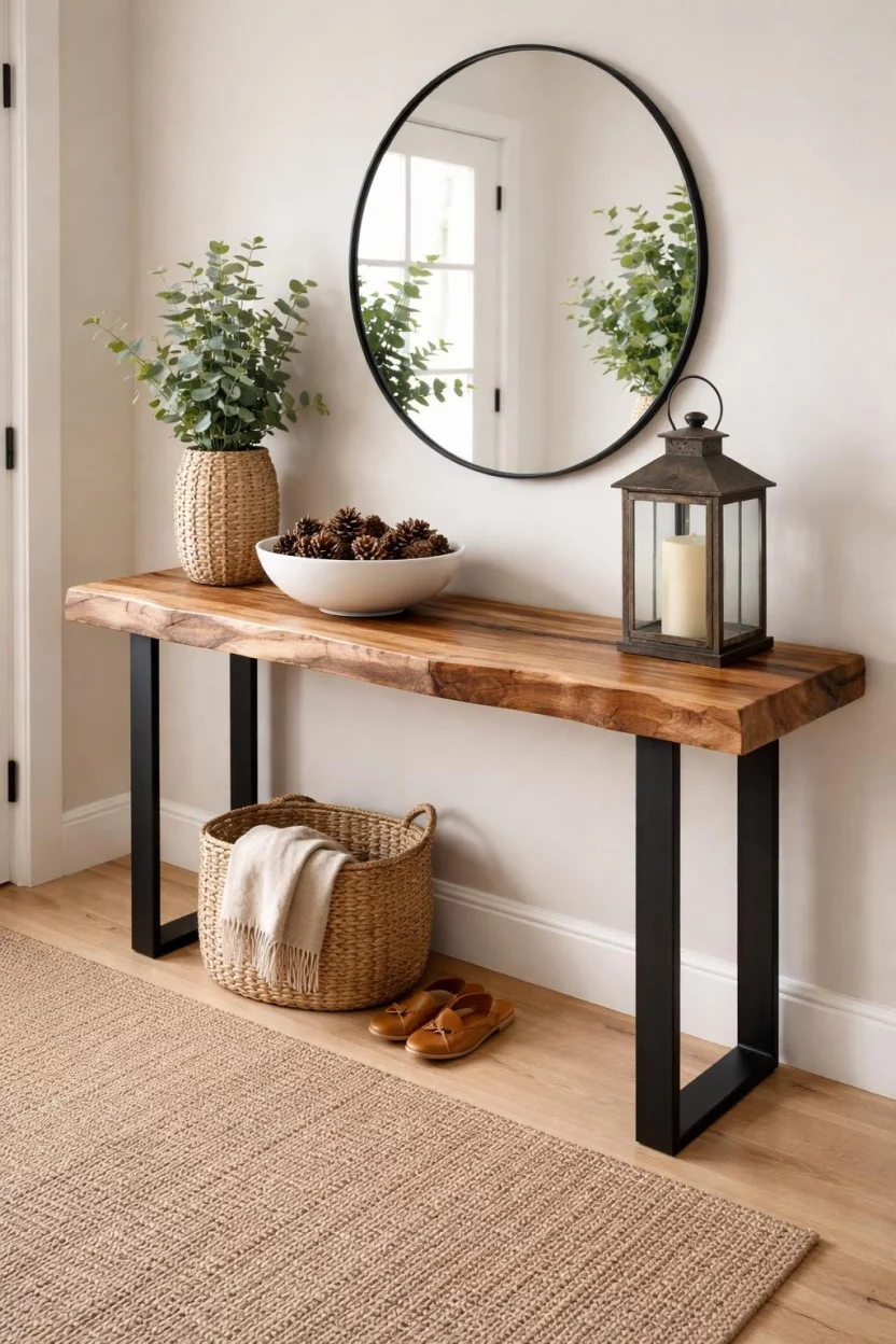 A realistic photo of an entryway with a live edge wood console table on black metal legs, topped with a white ceramic bowl filled with pinecones and a rustic iron lantern holding a cream pillar candle.