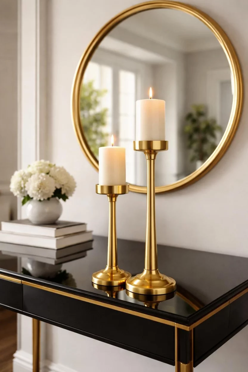 A realistic photo of an entryway showing a set of two gold candle holders of different heights on a black glass table, with a large round gold mirror in the background.