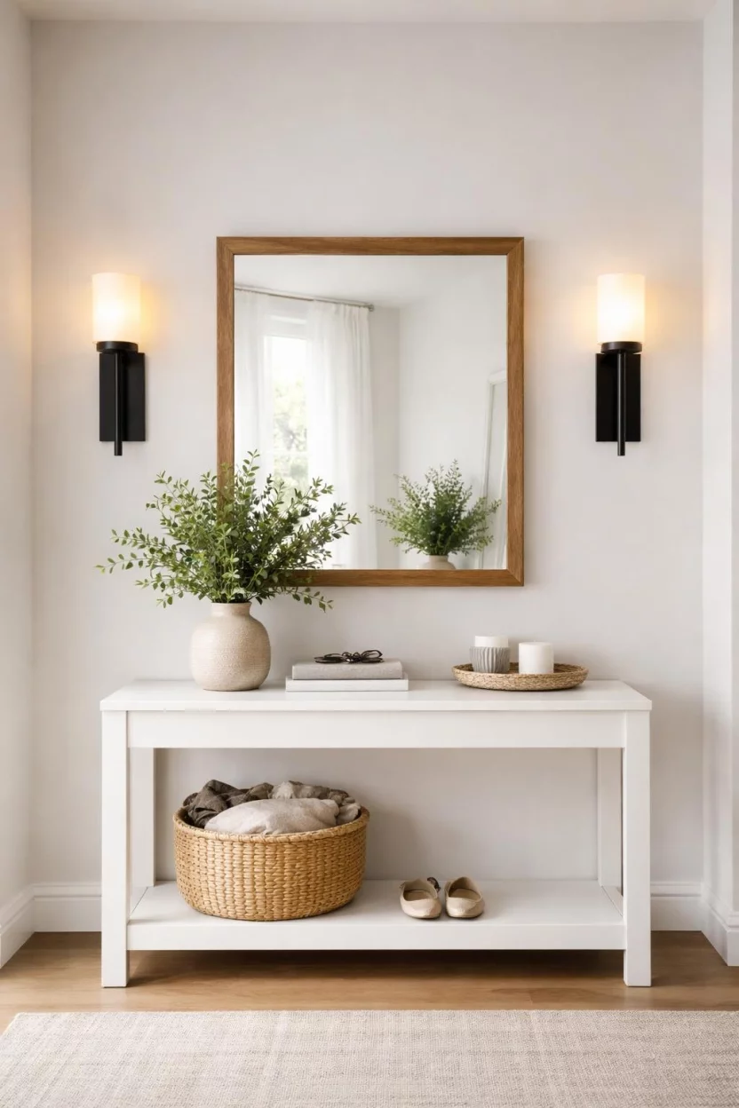 A realistic photo of an entryway with two black modern wall sconces flanking a square wood framed mirror above a white console table.