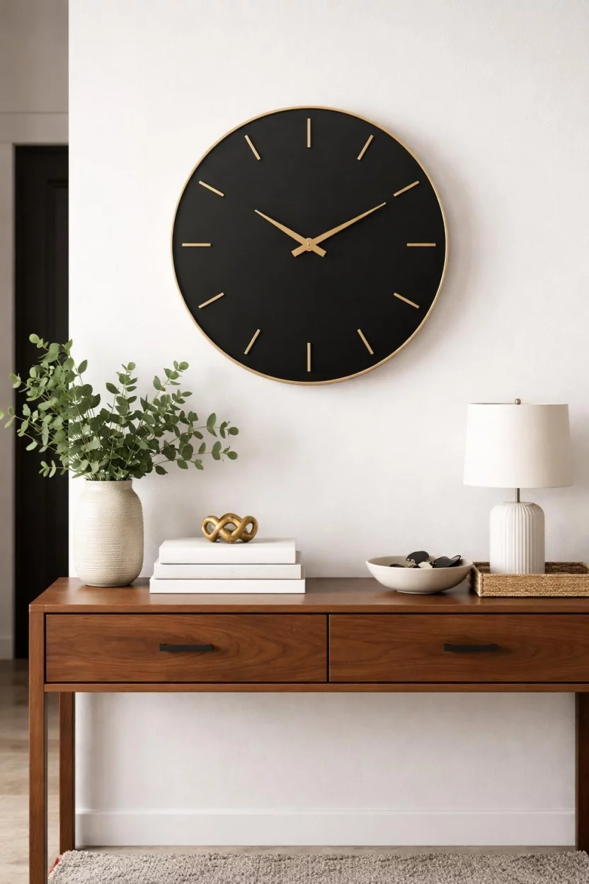 A realistic photo of an entryway with a large circular black wall clock with gold hands hanging above a walnut wood console table, with a stack of white books.