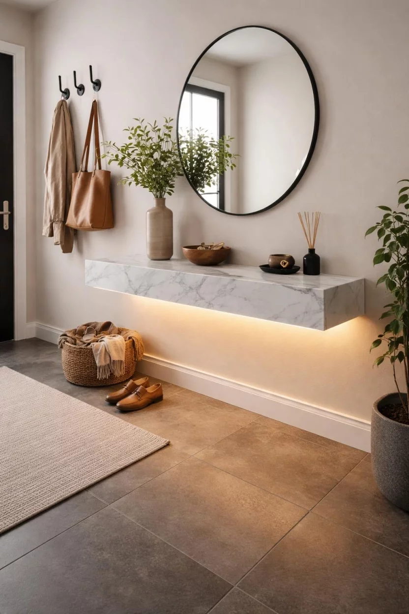 A realistic photo of an entryway where a floating white marble shelf is lit from underneath with a soft warm LED strip light, casting a glow on a grey stone floor.