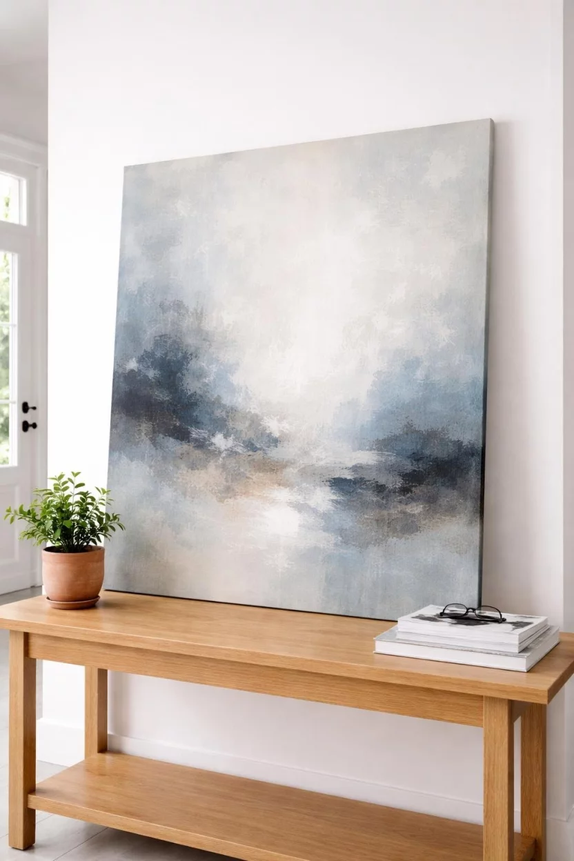 A realistic photo of an entryway where a large abstract painting in muted blue and grey tones leans against a white wall on a natural wood table, with a small terracotta pot and a stack of magazines nearby.