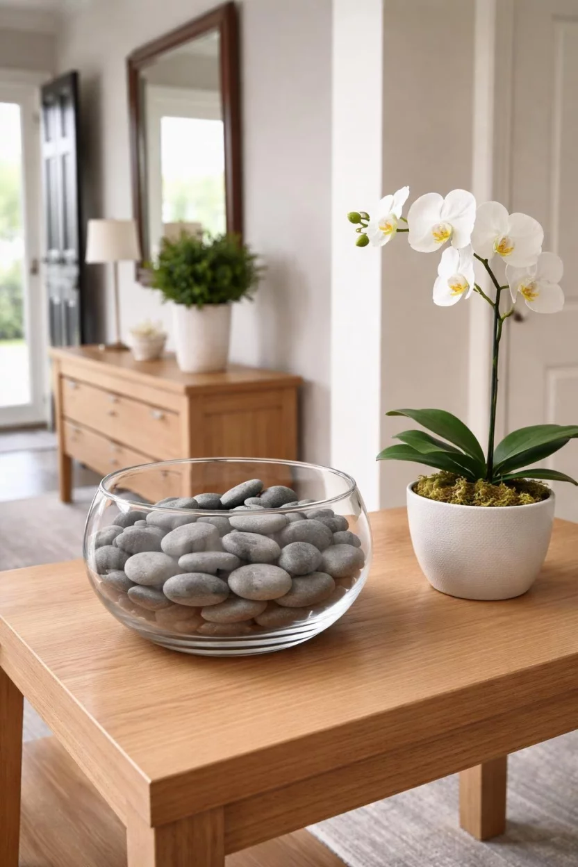 A realistic photo of an entryway featuring a clear glass bowl filled with smooth grey river stones on a light oak table, with a single white orchid in a pot nearby.