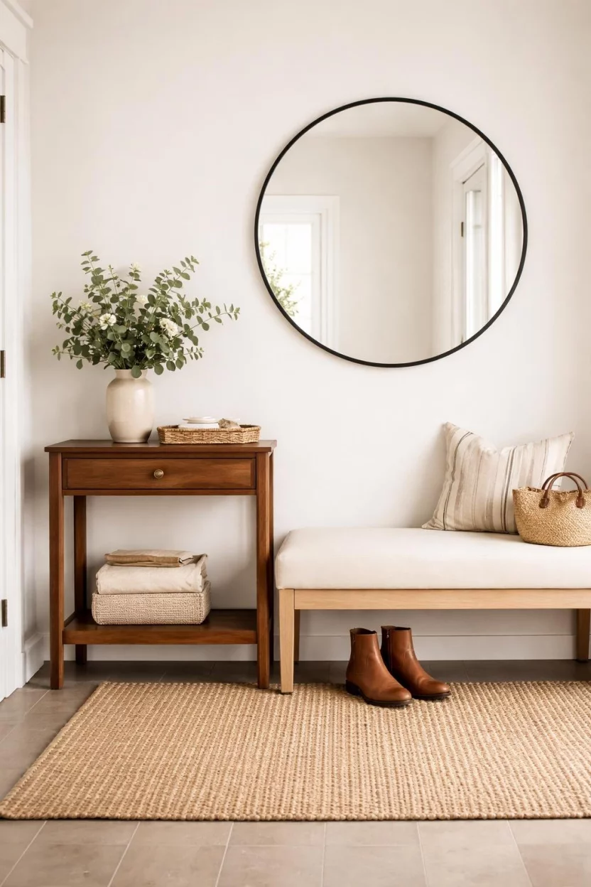 A realistic photo of an entryway showing a small walnut wood table next to a cream upholstered bench, with a round black mirror hanging above and a pair of leather boots on a jute rug.