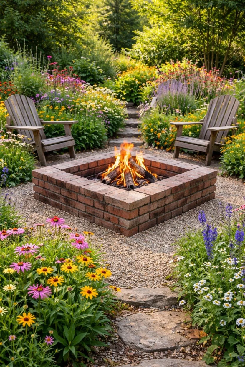 A realistic photo of a garden featuring a square fire pit built from weathered red salvaged bricks, surrounded by a rustic path of gravel and colorful wild flowers.