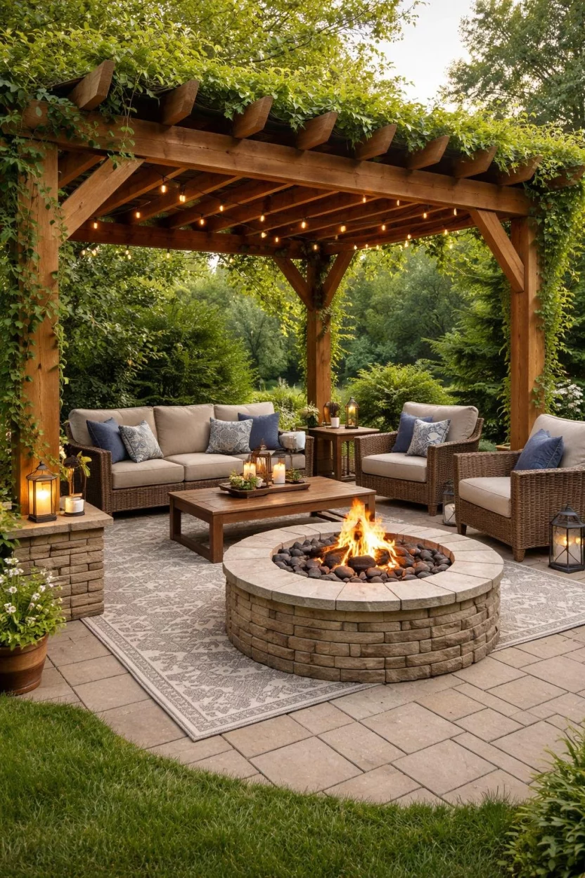 A realistic photo of a patio featuring a sturdy wooden pergola built over a stone fire pit, with climbing green vines on the rafters and weather-resistant rugs and furniture underneath for a cozy outdoor room.