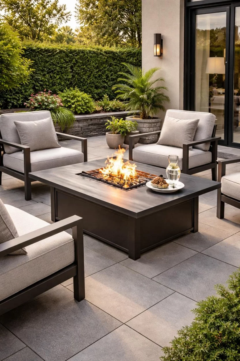 A realistic photo of a patio featuring an elegant metal fire pit table with a flat top for drinks, surrounded by modern upholstered chairs on a sleek tiled surface.