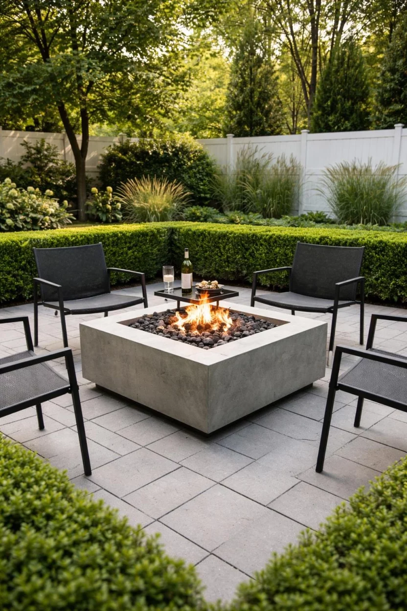 A realistic photo of a patio showcasing a sleek square concrete fire pit on a base of gray pavers, surrounded by minimalist black metal chairs and perfectly manicured boxwood hedges in a clean, urban backyard setting.
