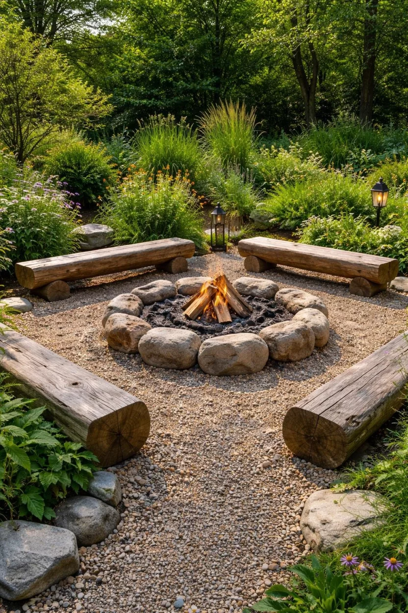 A realistic photo of a garden featuring a rustic circle of large rough stones around a fire pit on a bed of natural gravel, with simple log benches and native plants for a campfire aesthetic.