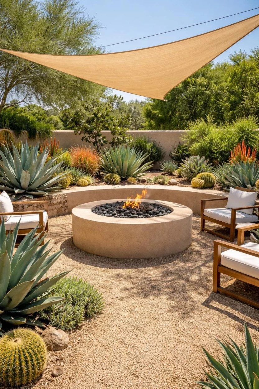 A realistic photo of a garden in an arid climate featuring a stucco fire pit surrounded by agave plants, succulents, and light tan gravel with a overhead shade sail.