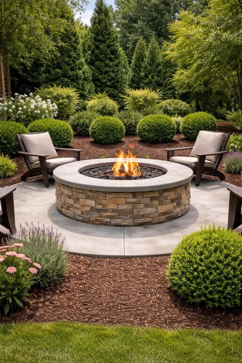 A realistic photo of a garden featuring a classic round flagstone fire pit on a solid concrete base, surrounded by simple mulched flower beds and a few tidy evergreen bushes for a clean look.