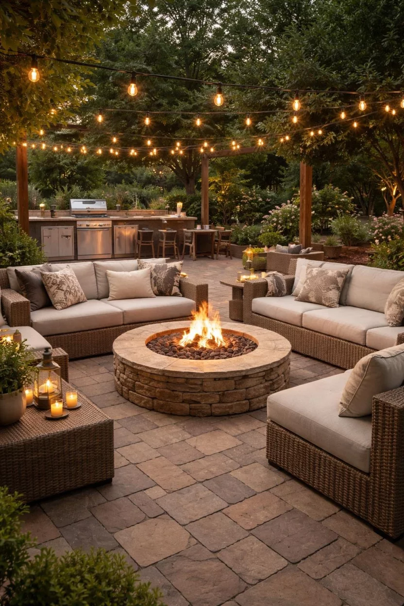A realistic photo of a patio designed as a full living room with a stone fire pit, comfortable outdoor sofas, a nearby grill station, and overhead string lights on a unified paver surface.