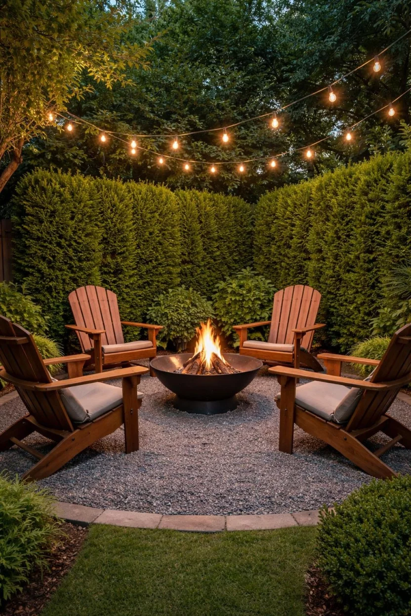A realistic photo of a garden corner showcasing a small gravel area with a metal fire bowl, four wooden Adirondack chairs, and a privacy screen made of tall hedges and glowing string lights overhead.