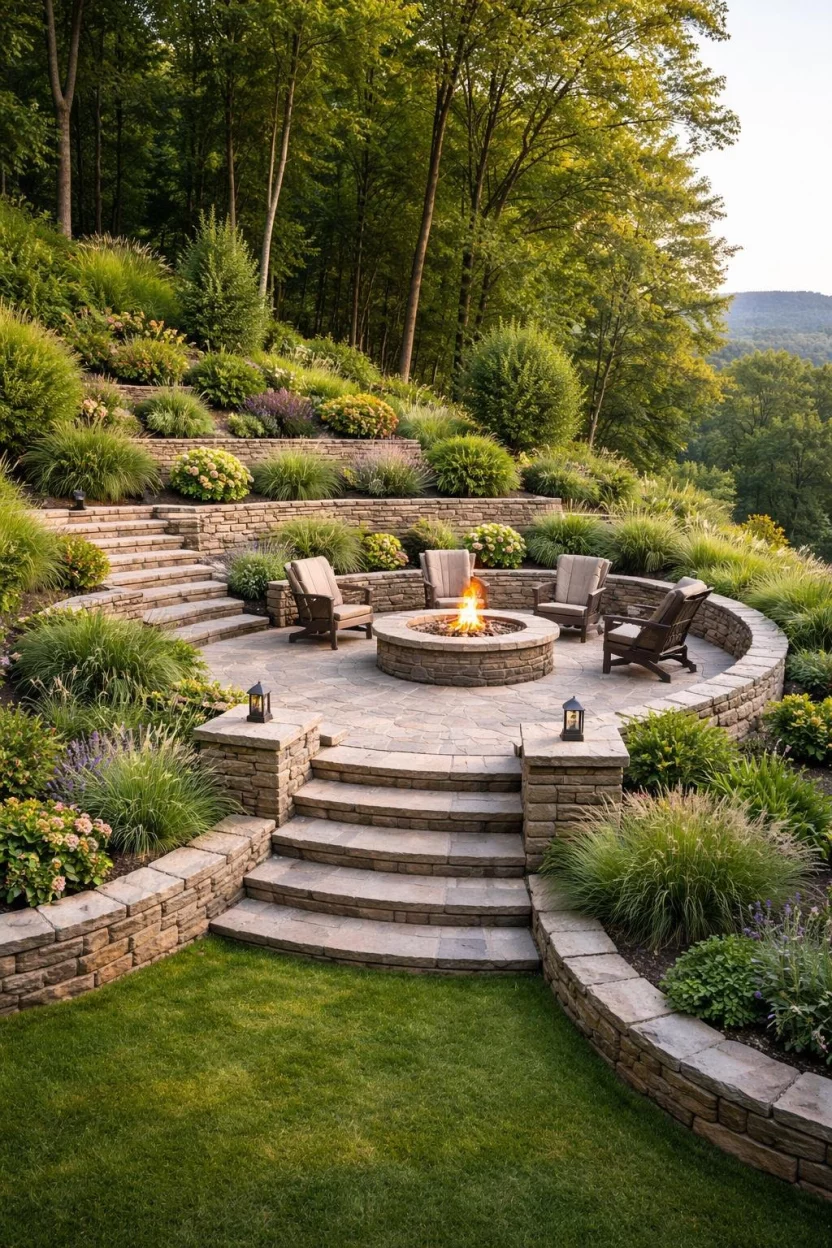 A realistic photo of a garden on a hill featuring tiered stone retaining walls that create a flat level for a circular fire pit area, surrounded by lush greenery and stone steps.