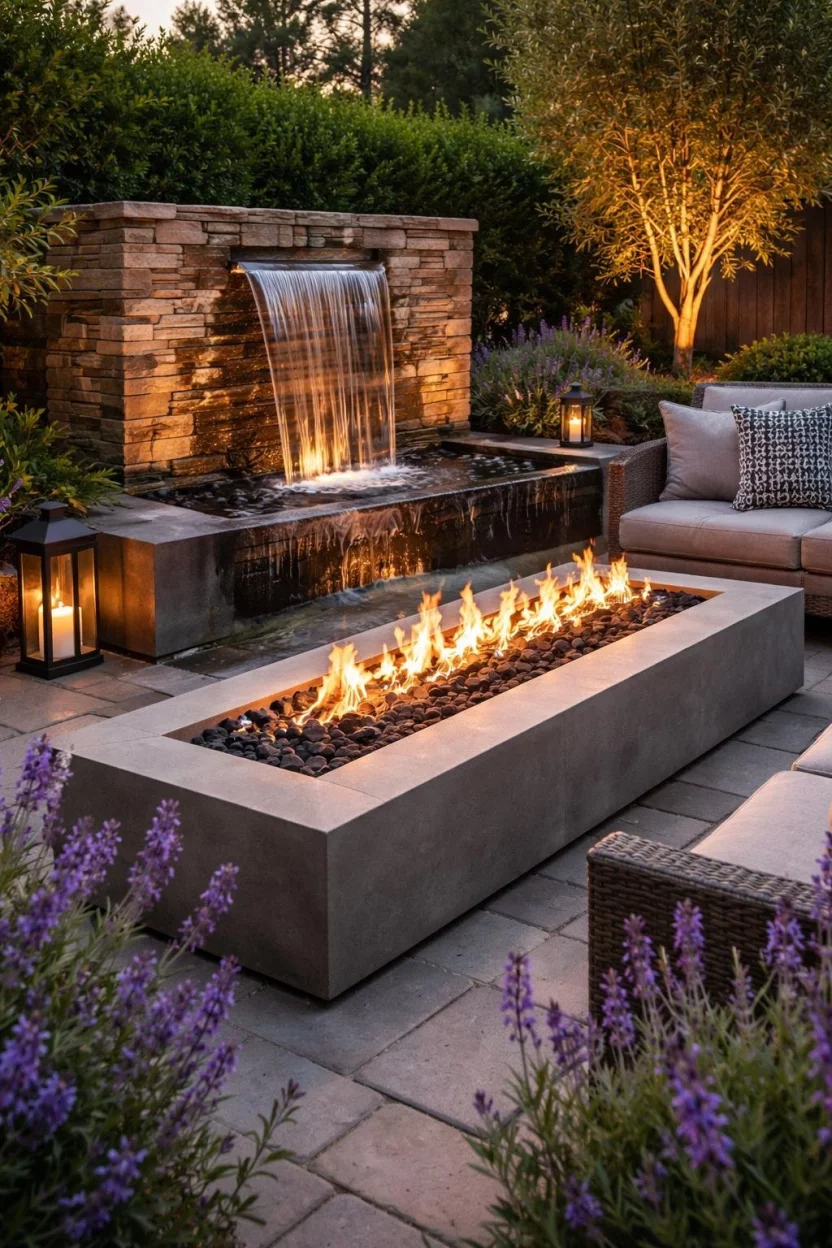 A realistic photo of a patio featuring a sleek linear gas fire pit positioned directly next to a tranquil stone waterfall fountain, with lavender plants framing the edges and soft evening light reflecting off the water.
