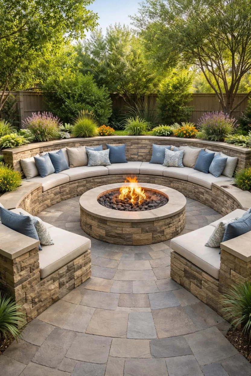 A realistic photo of a patio featuring a large U-shaped stone bench built around a central circular fire pit, with comfortable cushions and planters integrated into the top of the stone backrest.