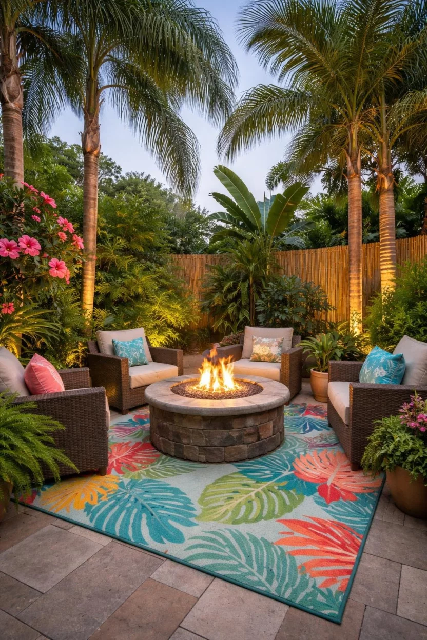 A realistic photo of a patio featuring a fire pit surrounded by tall palm trees, vibrant ferns, and bright pink hibiscus flowers, with colorful outdoor rugs and bamboo privacy screens.