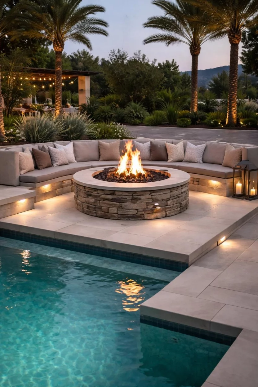 A realistic photo of a patio featuring an elevated stone fire pit positioned at the edge of a turquoise swimming pool, with built-in seating ledges and subtle floor lighting for a high-end resort vibe.