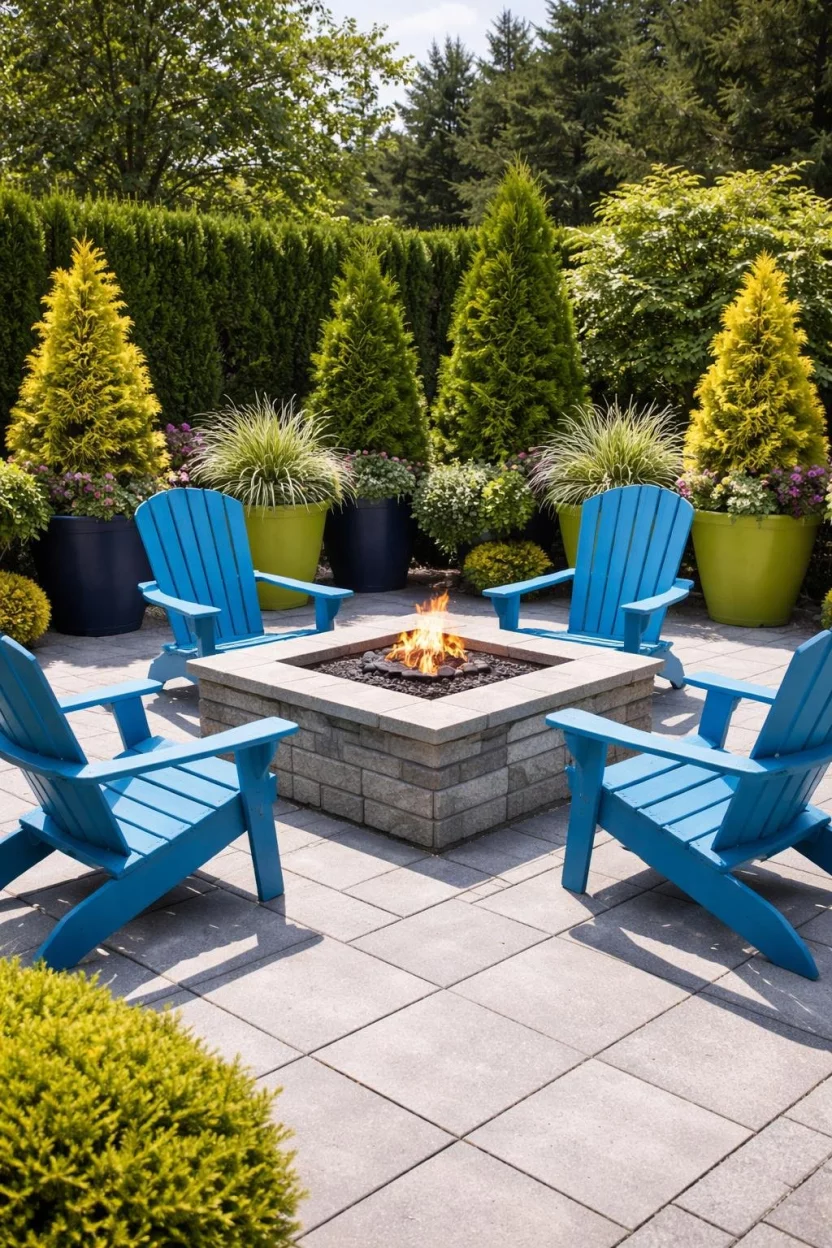 A realistic photo of a patio with a square stone fire pit sitting on polished light gray pavers, surrounded by bright blue Adirondack chairs and large colorful planters filled with evergreen shrubs.