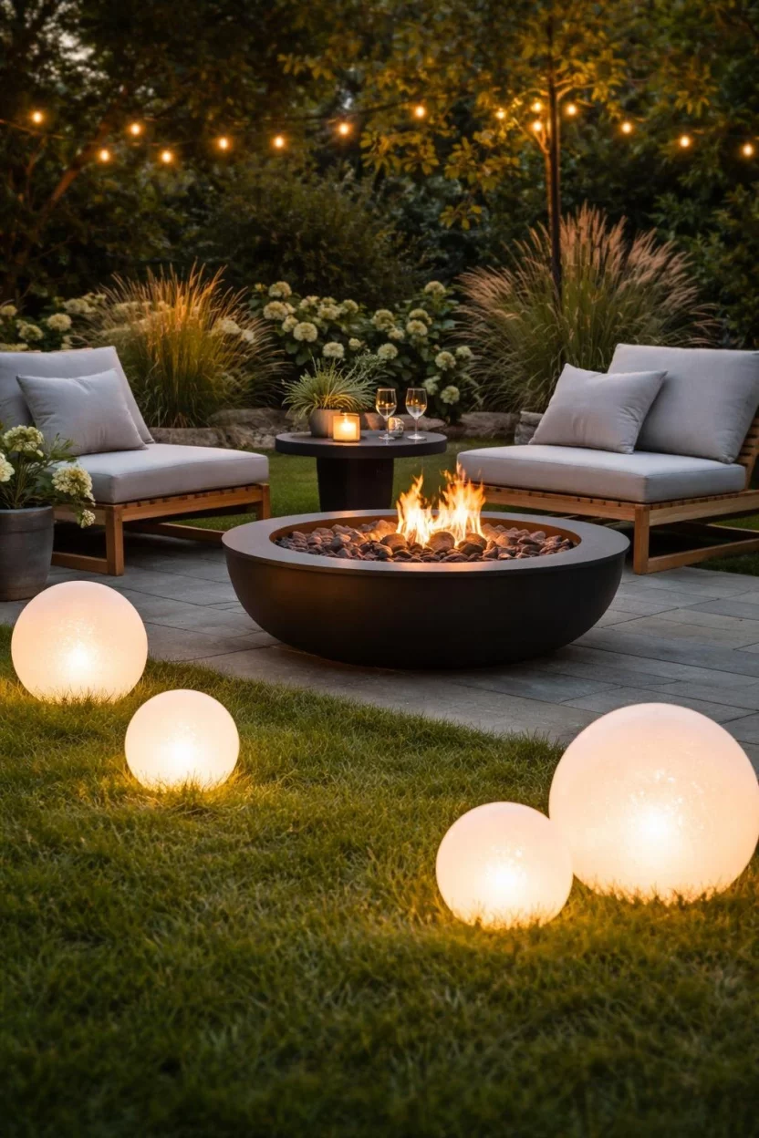 A realistic photo of a patio fire pit with large white frosted glass globe lights sitting on the grass, glowing softly like pearls, a modern black fire bowl, and low profile wooden lounge chairs.