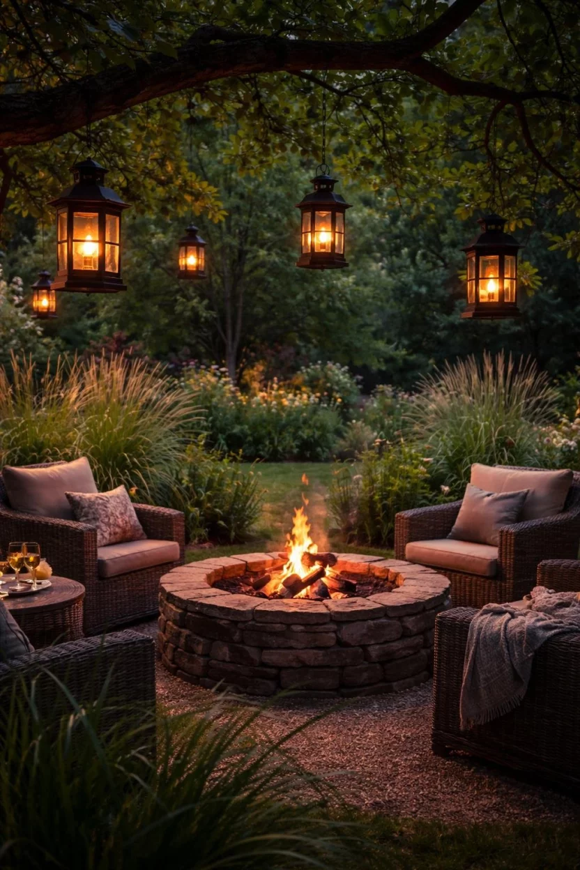 A realistic photo of a garden at dusk with several black iron solar lanterns hanging from low tree branches around a rustic fire pit, warm flickering orange light inside the lanterns, tall grass surrounding the area, and comfortable woven wicker seating.
