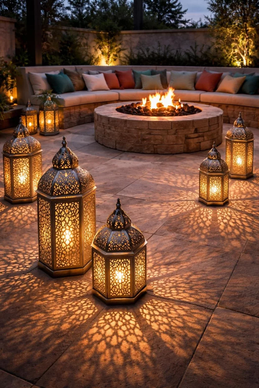 A realistic photo of a patio with several silver Moroccan style metal lanterns featuring intricate cutouts, warm light casting patterns on the floor, a circular stone fire pit, and low lounge seating with colorful pillows.