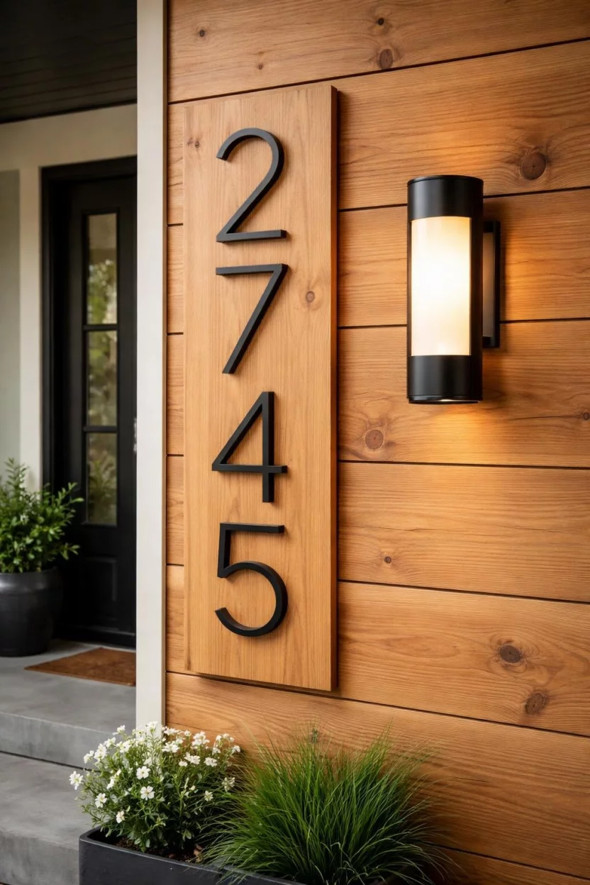 A realistic photo of a front porch wall featuring large modern black metal house numbers mounted vertically on a natural cedar wood plank, positioned next to a sleek wall sconce.
