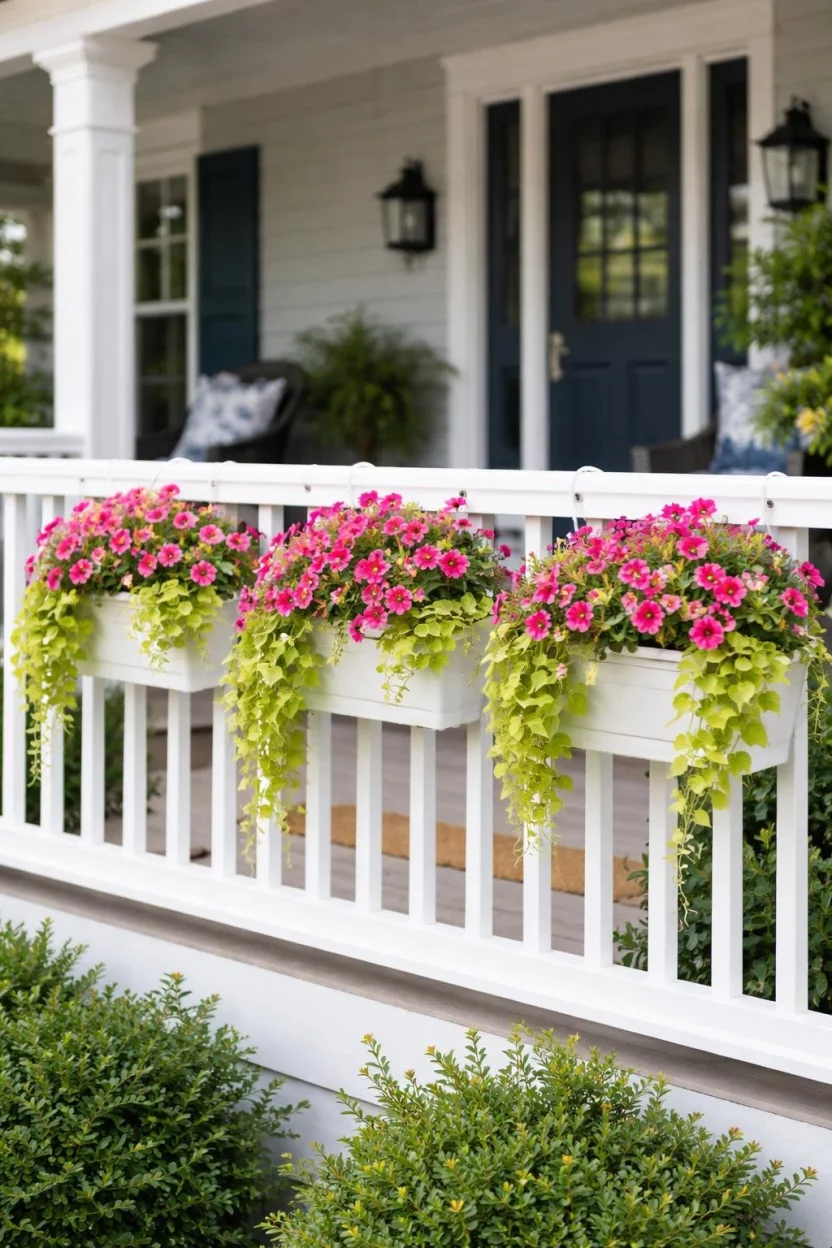 A realistic photo of a front porch railing with three white rectangular planters hanging from the top rail, filled with trailing pink petunias and light green sweet potato vines.