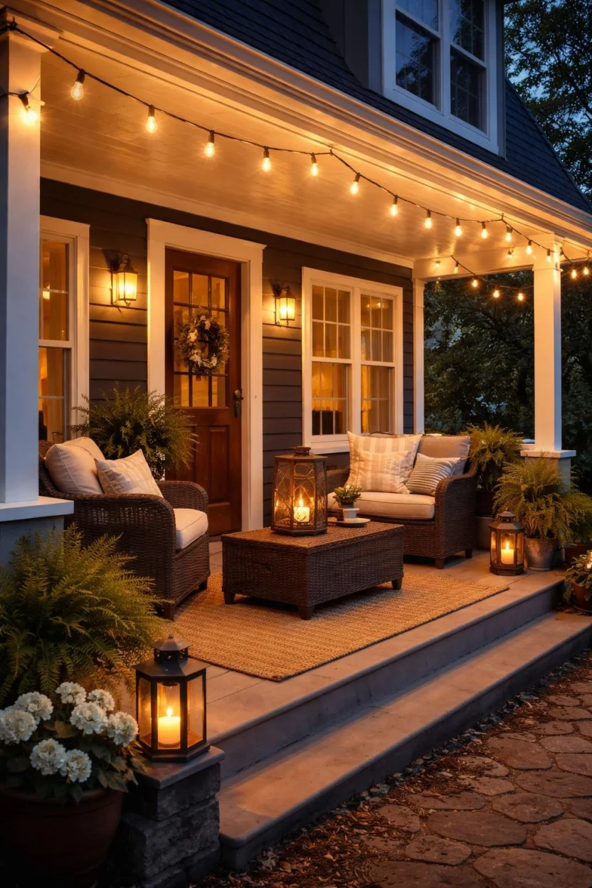 A realistic photo of a front porch at dusk with warm glowing Edison bulb string lights draped along the eaves, illuminating a cozy seating area with a soft and magical golden light.