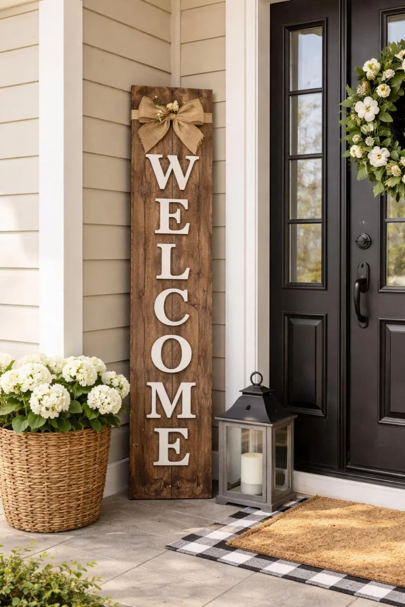 A realistic photo of a front porch corner with a tall rustic wooden welcome sign leaning against the wall, featuring white painted vertical letters and a small buralp bow at the top.