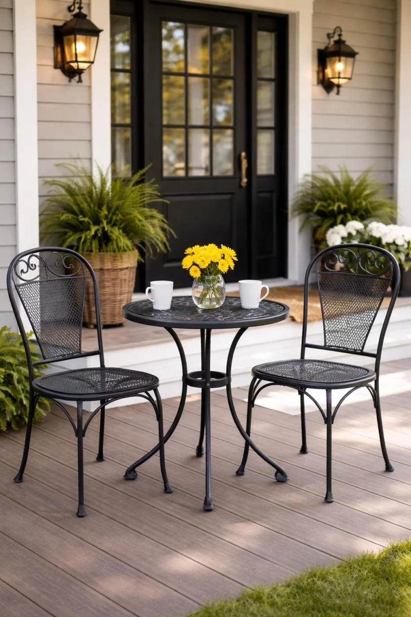 A realistic photo of a front porch with a black wrought iron bistro set consisting of two chairs and a round table, decorated with a small vase of yellow flowers and two coffee mugs.
