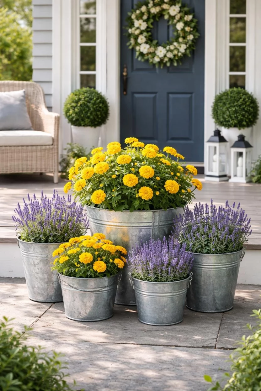 A realistic photo of a front porch with a cluster of silver galvanized metal buckets used as planters, filled with bright yellow marigolds and purple lavender on a sunny day.