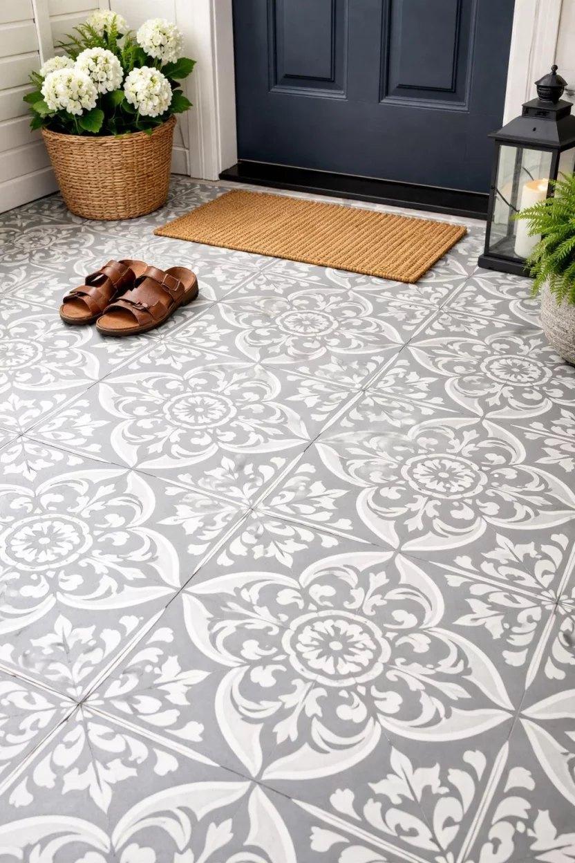 A realistic photo of a front porch floor painted with a gray and white stencil pattern resembling decorative floor tiles, with a pair of brown leather sandals left near the door.