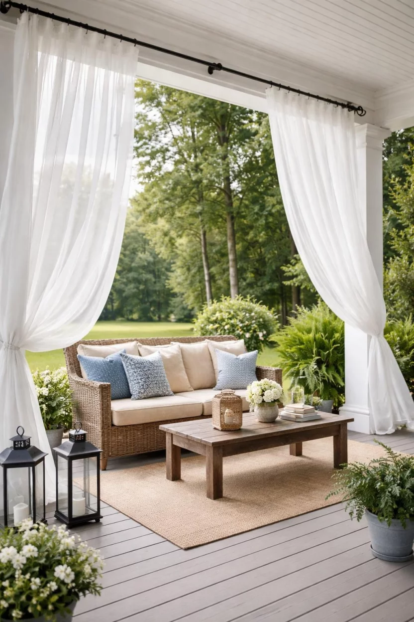 A realistic photo of a front porch with white sheer outdoor curtains blowing gently in the wind, mounted on a black metal rod between porch pillars, framing a seating area.