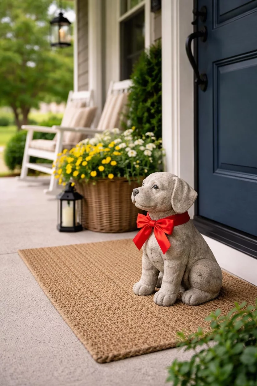 A realistic photo of a front porch with a small whimsical stone dog statue sitting near the door, wearing a red ribbon collar and looking toward the street.